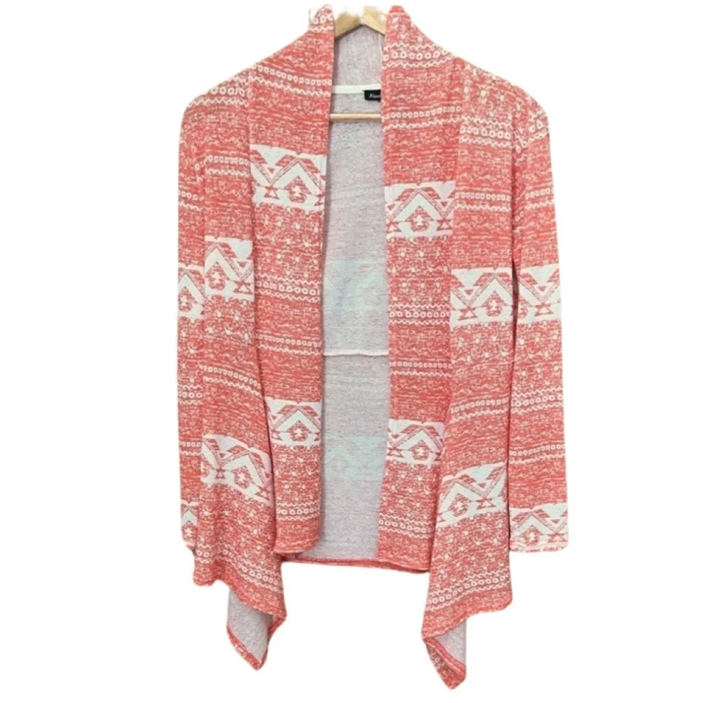 Almost Famous Lightweight Coral Orange & White Print Open Front Cardigan Duster